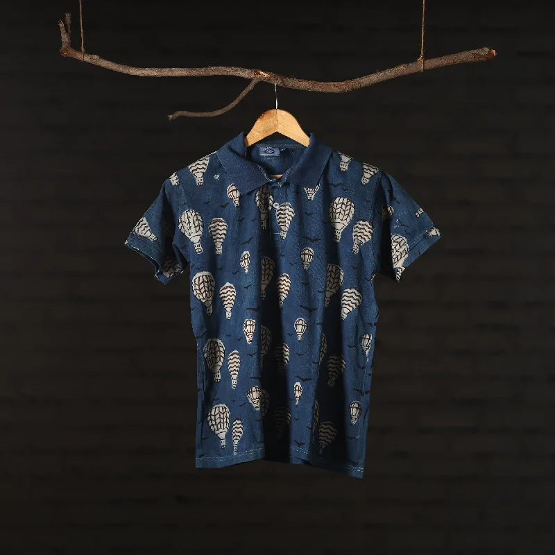 Blue - Bindaas Natural Dyed Art Block Print Polo Collar T-shirt in Cotton