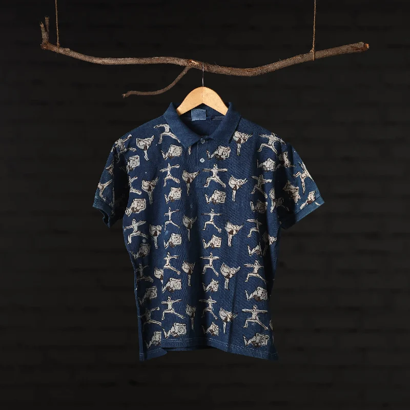 Blue - Bindaas Natural Dyed Art Block Print Polo Collar T-shirt in Cotton