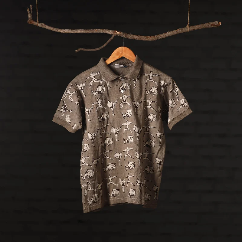 Brown - Bindaas Natural Dyed Art Block Print Polo Collar T-shirt in Cotton