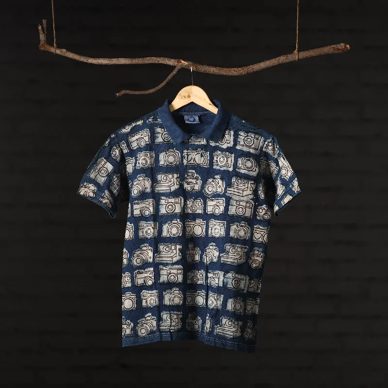 Blue - Bindaas Natural Dyed Art Block Print  Polo Collar T-shirt in Cotton