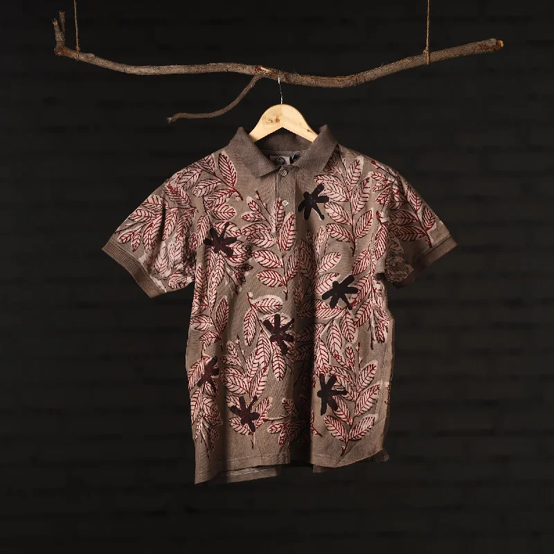 Brown - Bindaas Natural Dyed Art Block Print Polo Collar T-shirt in Cotton