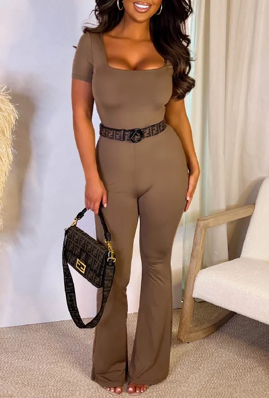 Bashful Babe Taupe Square Neck Flared Leg Jumpsuit