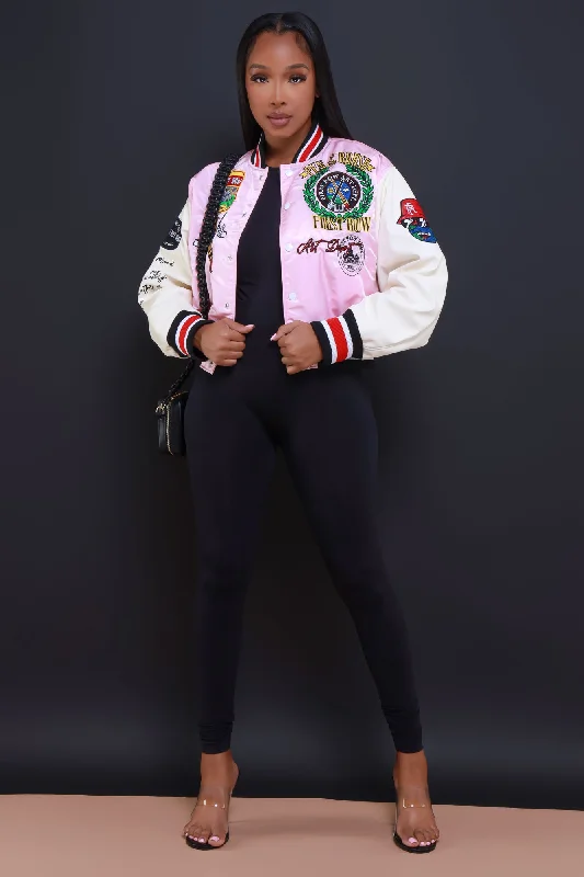 Best In Class Cropped Faux Leather Varsity Jacket - Pink/White