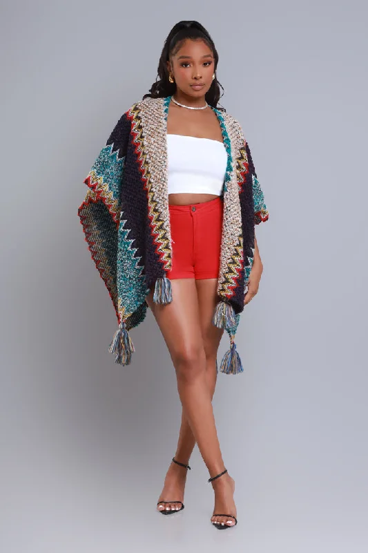 Best In Show Crochet Fringe Poncho - Taupe Multicolor