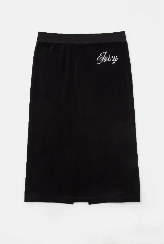 BLACK DIAMANTE VELOUR SPLIT MIDI SKIRT