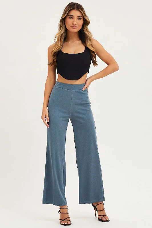 Blue Flare Pants High Rise