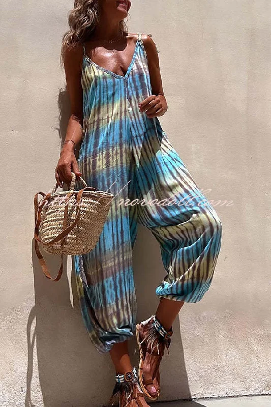 Brighton Beach Tie-dye Print Shoulder Tie Pocketed Loose Jumpsuit