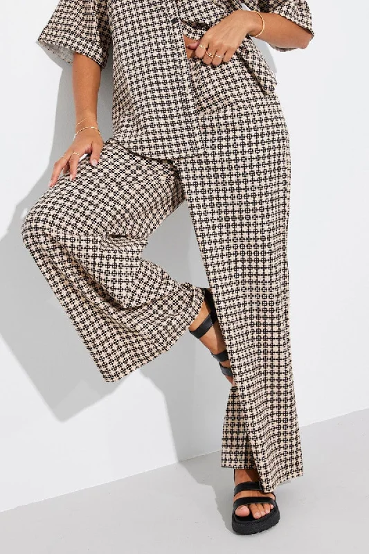 Brown Geo Wide Leg Pants Mid Rise