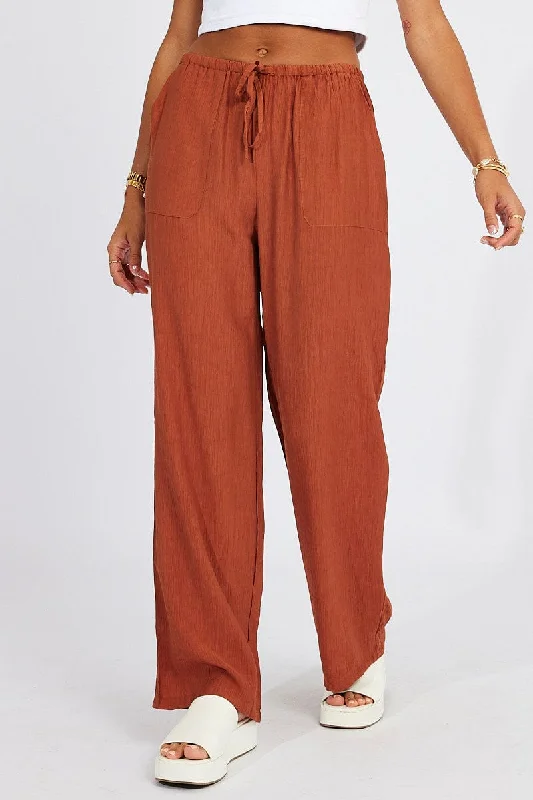 Brown Wide Leg Pants Textured Fabric