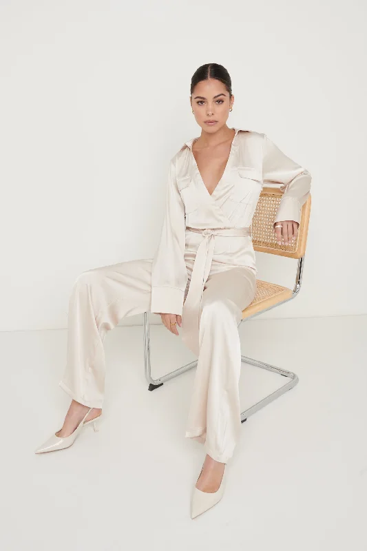 Carmen Collared Satin Jumpsuit - Oyster