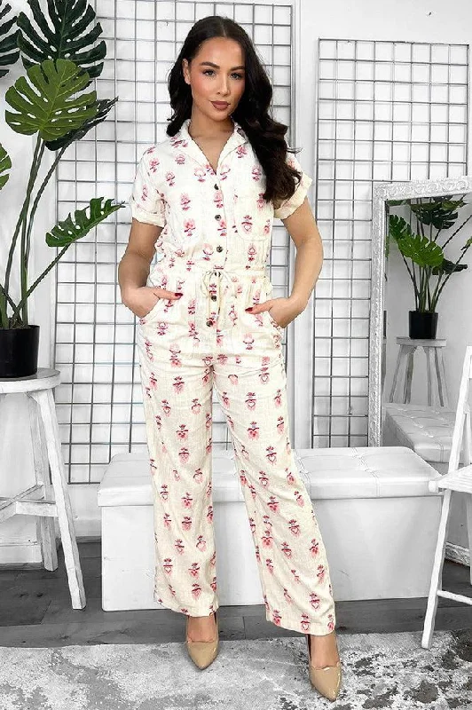 Cream Linen Blend Floral Print Buttoned Down Jumpsuit