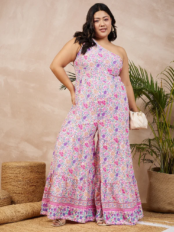 Berrylush Women Plus Size Pink & Purple Floral Printed One-Shoulder Neck Sleeveless Wide-Leg Maxi Jumpsuit