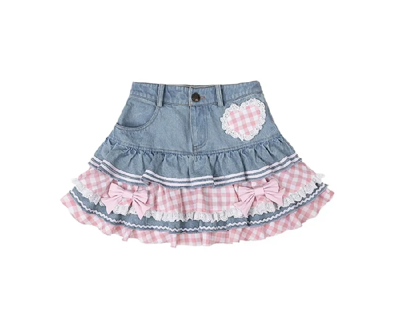 (Buyforme)Cute Blue Half Skirt with Butterfly Bow and Plaid