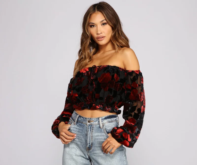 Floral Burnout Off The Shoulder Crop Top