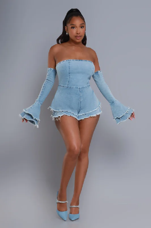 Go Ghost Flared Sleeve Denim Romper Set - Light Wash