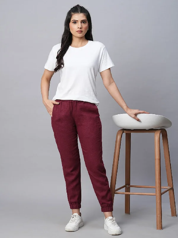 Women's Maroon/Red Linen Viscose Jogger Pant