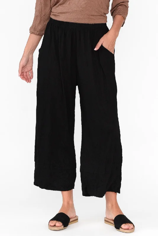 Lira Black Crinkle Cotton Wide Leg Pants