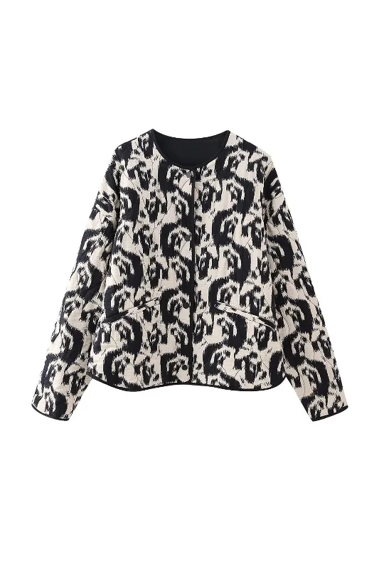 Abstract Print Round Neck Button Up Coat