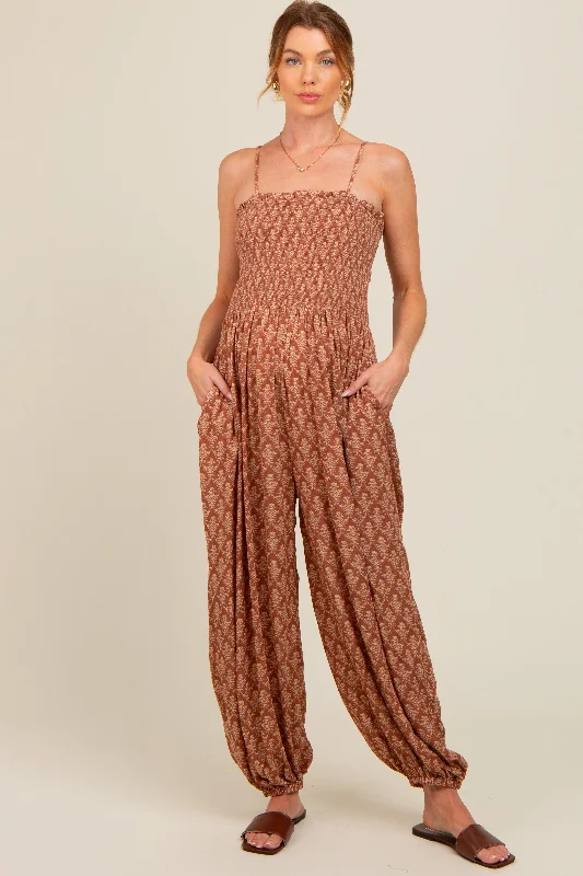 Mocha Damask Smocked Balloon Leg Maternity Jumpsuit