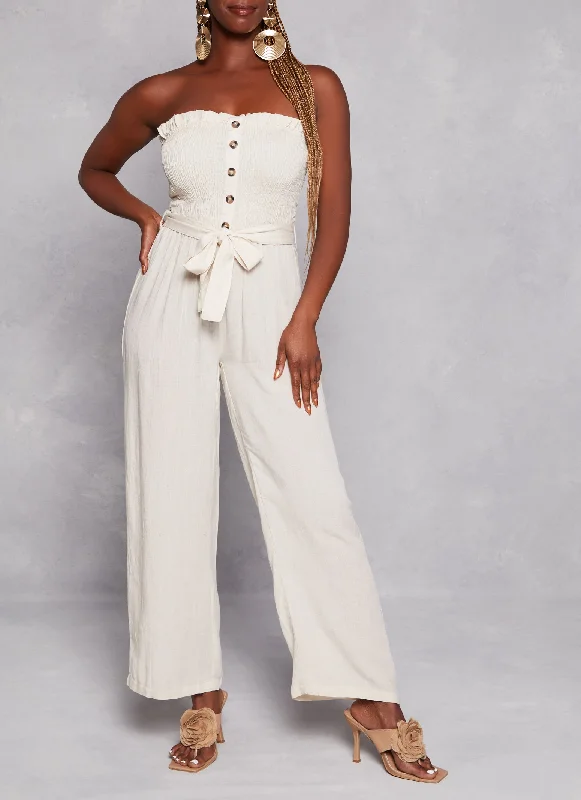 Linen Strapless Smocked Tie Waist Belted Jumpsuit