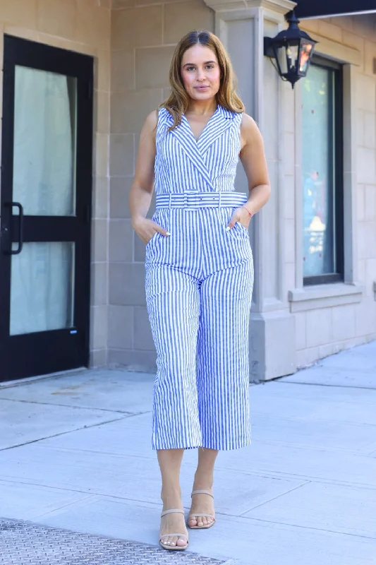 Petite Striped Belted Jumpsuit (Blue)