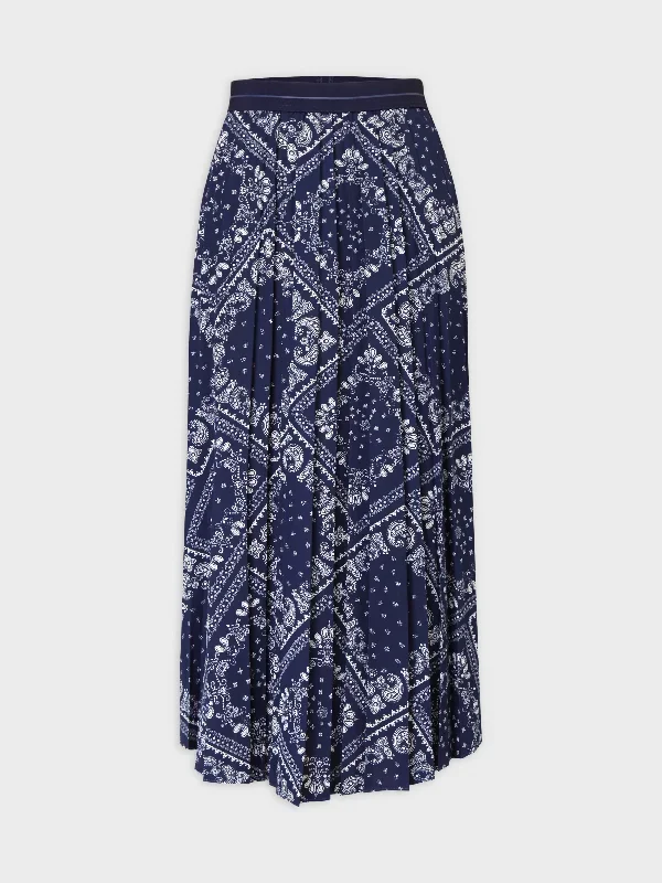 Printed Pleated Skirt 37""-Cream/Navy Paisley