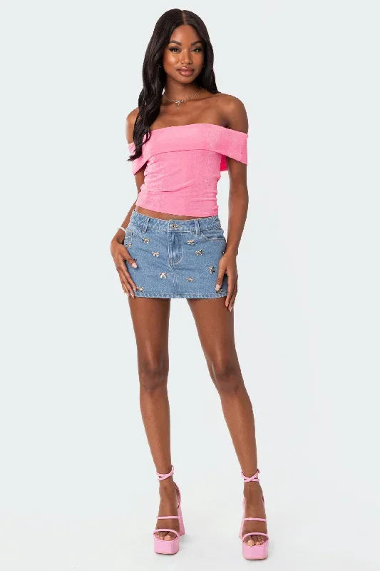 Elysse Bow Embellished Denim Mini Skirt