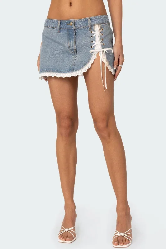 Eyelet Lace Up Denim Mini Skirt