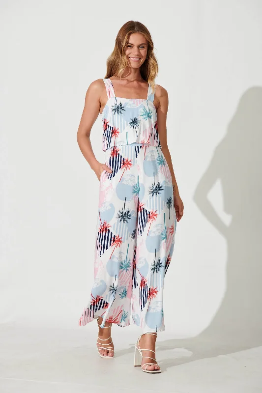 Sandcastle Jumpsuit In White Multi Palm Print