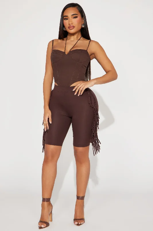 Shake It Up Fringe Biker Short - Brown