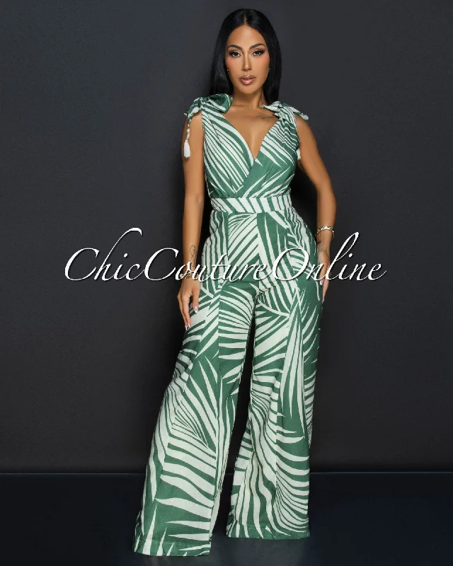 Sitti Green Beige V Neck Wide Legs Jumpsuit