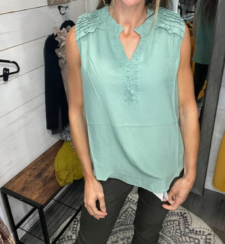 Solid Ruffle Smocked Tank Top In Sage