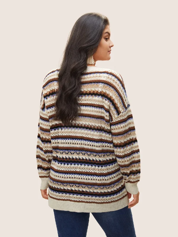 striped-contrast-drop-shoulder-hollow-out-pullover