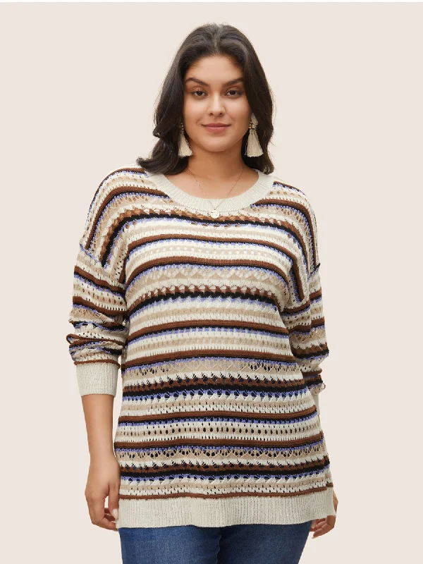 striped-contrast-drop-shoulder-hollow-out-pullover