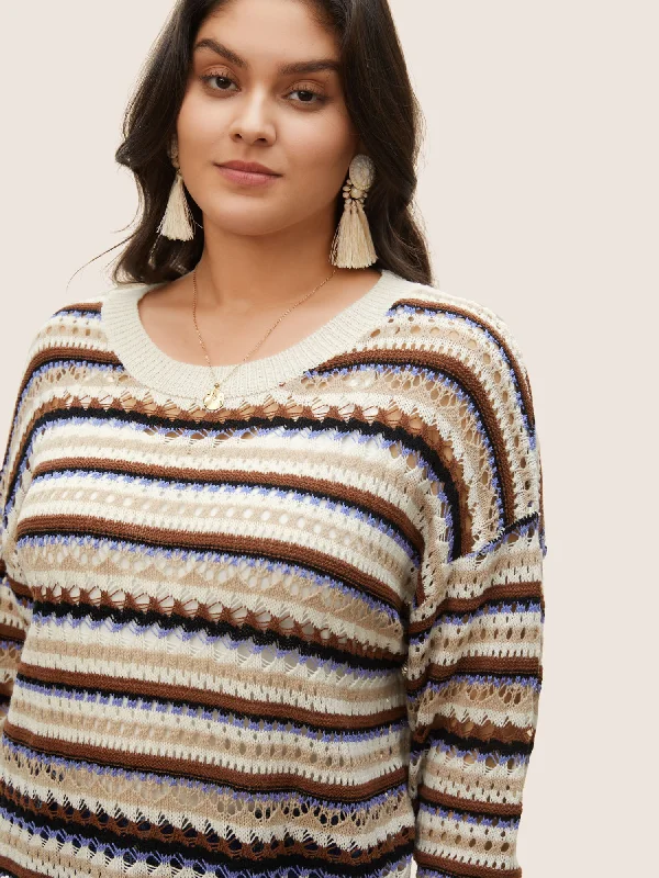 striped-contrast-drop-shoulder-hollow-out-pullover