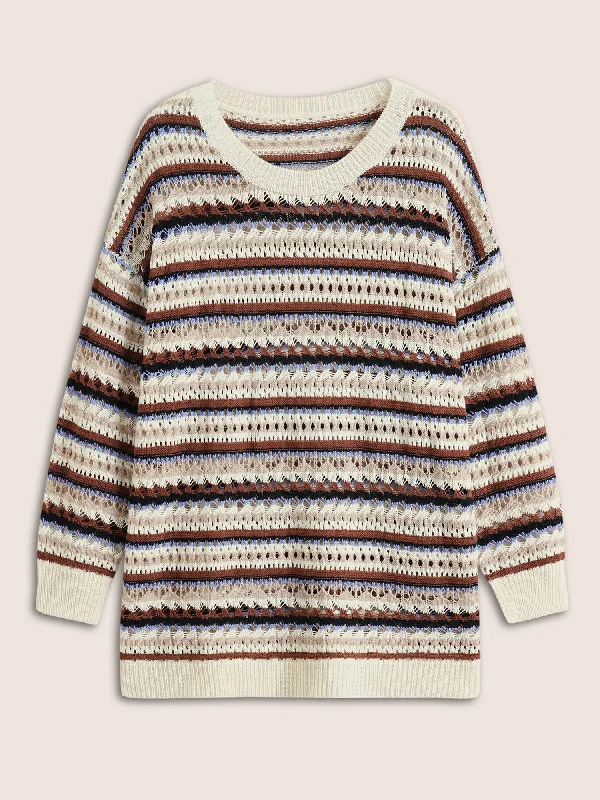 striped-contrast-drop-shoulder-hollow-out-pullover