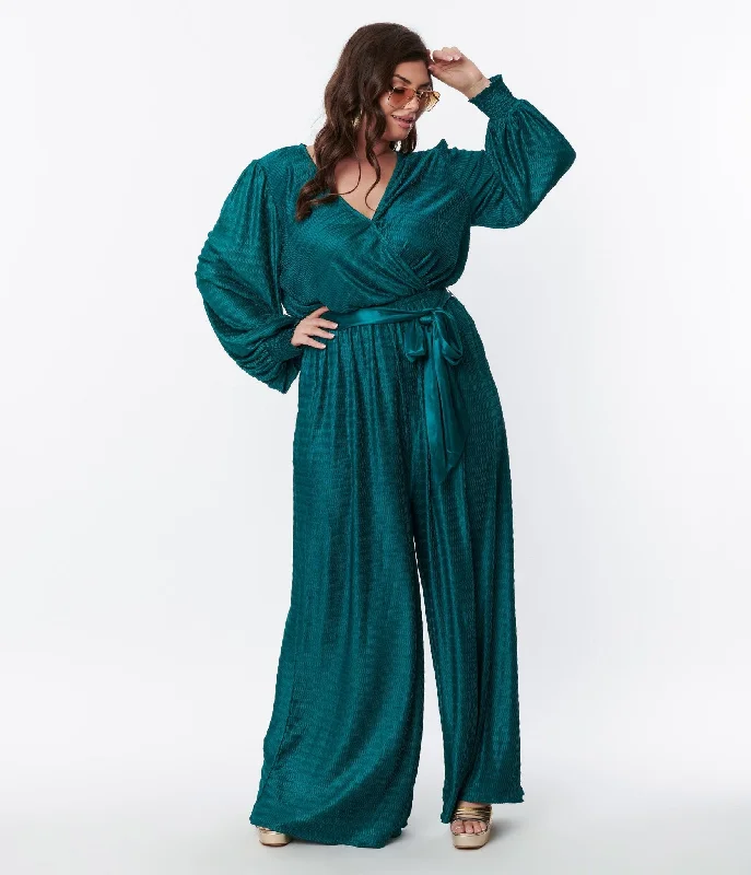 Teal Satin Textured Jumpsuit