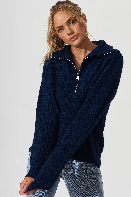 Uma Zip Athleisure Knit In Navy Wool Blend