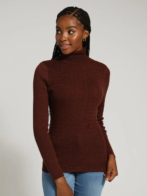 Variegated Cable Core Poloneck Knitwear - Chocolate