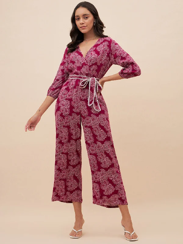 Wine Floral Lace Detail Belted Jumpsuit